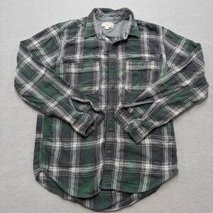 Wallace & Barnes Flannel Shirt Men's Medium Green Black Plaid Cotton Long Sleeve